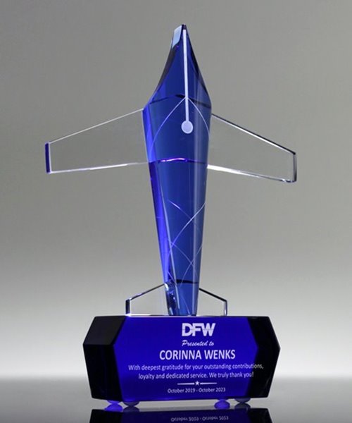 Picture of Custom Shaped Blue Crystal Airplane Award