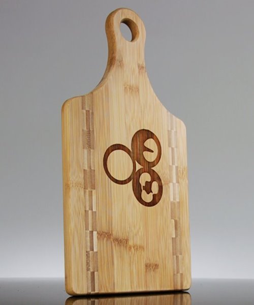 Picture of Custom Engraved Paddle Shaped Bamboo Cutting Board with Butcher Block Inlay