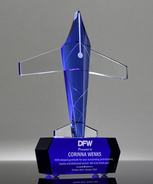 Picture of Custom Shaped Blue Crystal Airplane Award