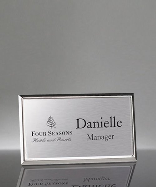 Picture of Imprinted Metal Name Badge With Silver Frame - 3 x 1.5 Inch