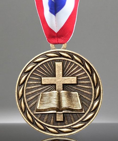 Picture of Bible and Cross Religious Gold Medal